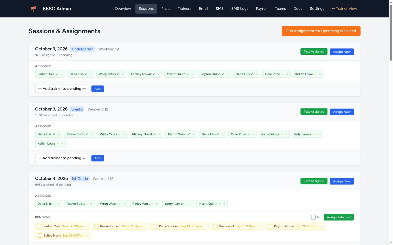 BBSC admin assignment board: three upcoming sessions with assigned trainers confirmed by text, pending sign-ups, and Assign Now buttons