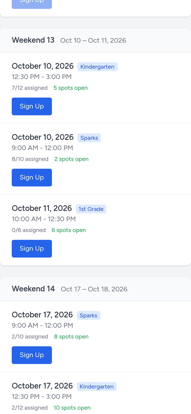 The same season schedule on a phone: upcoming session cards with program names, times, assigned counts, spots open, and Sign Up buttons